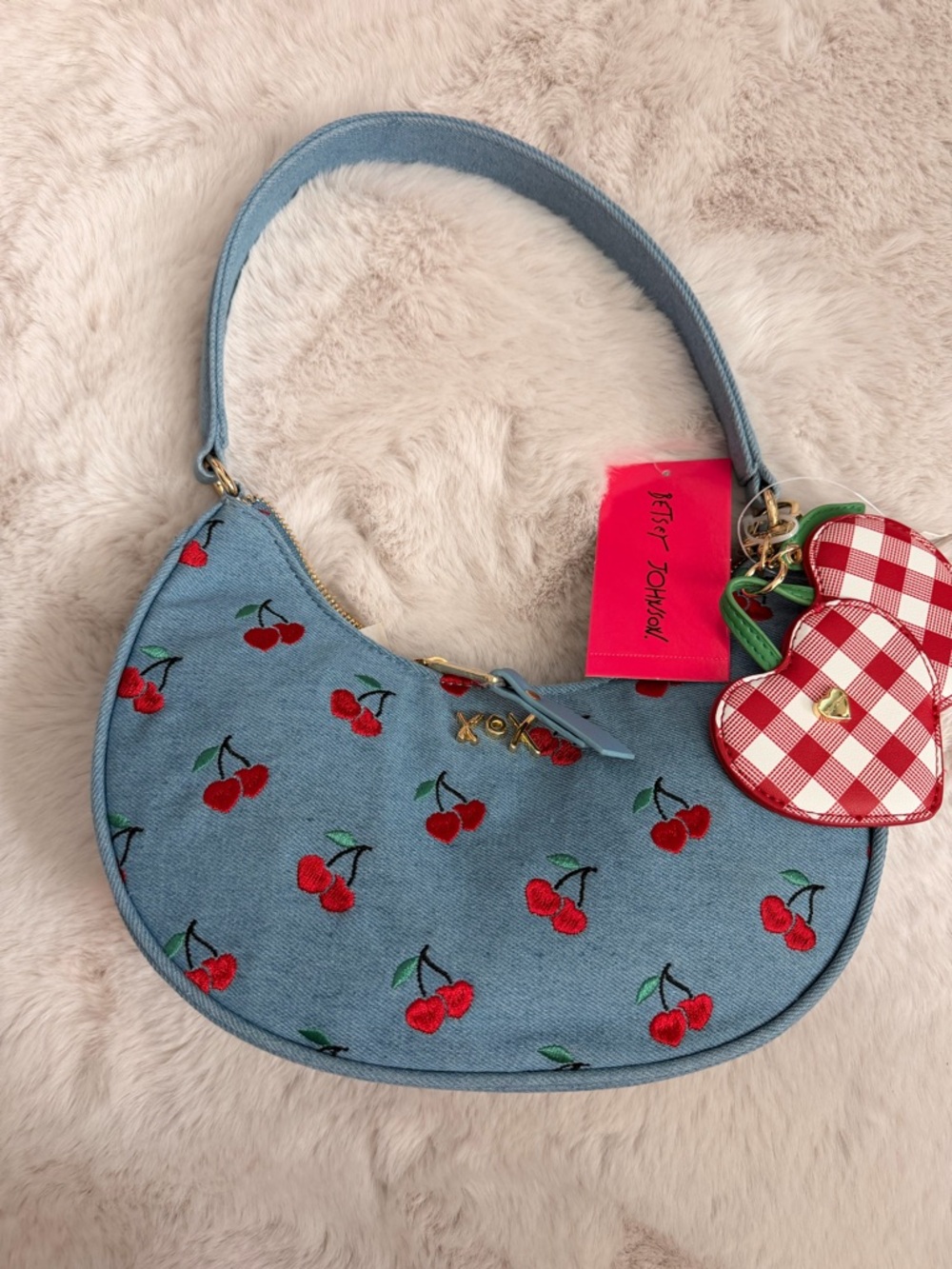 Betsey Johnson, Blue Denim Cherry Embroidered Shoulder Bag.